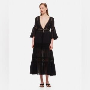 NWT $745 Charo Ruiz Ibiza Guipurelace Trimmed Cottonblend Voile Kaftan In Black